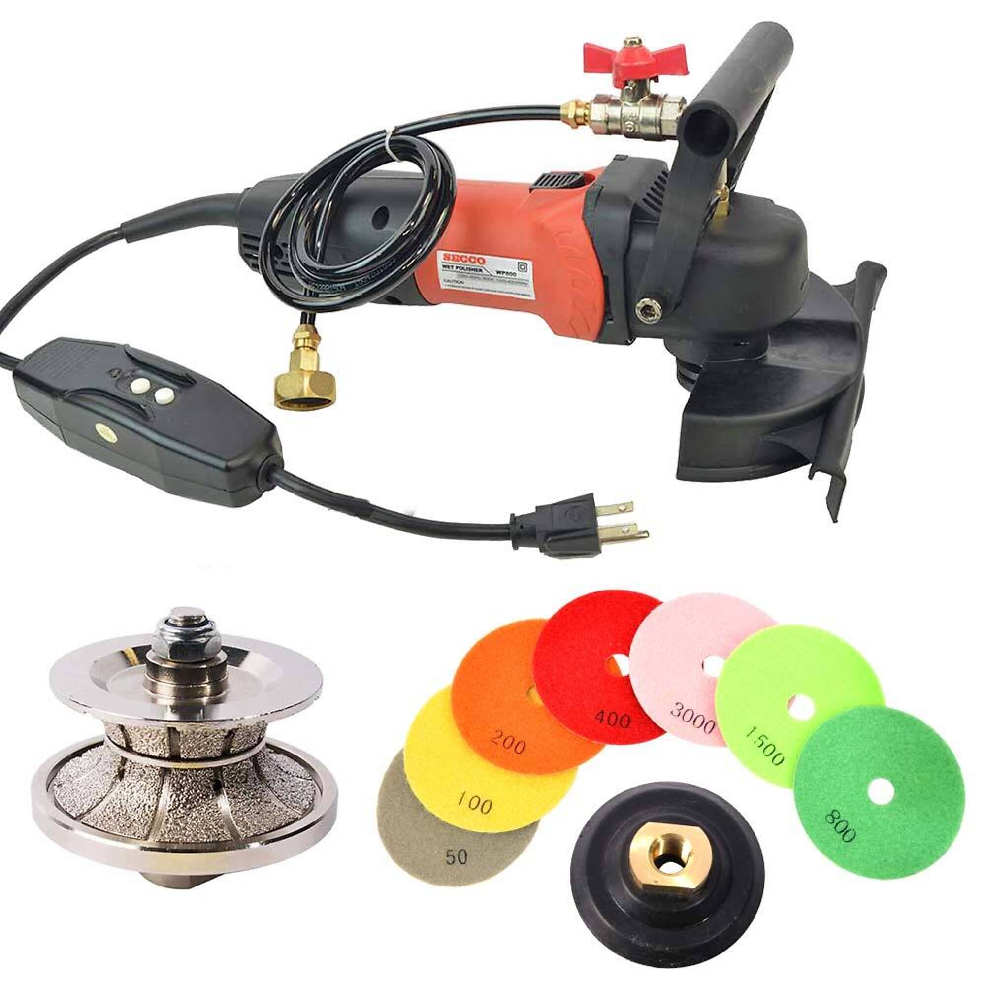 Hardin V30WVPOLSET 4 Inch Var Speed Polisher, 1-1/4 Inch Full Bullnose Diamond Profile Wheel and 8 pc 4 Inch Diamond Polishing Pad Set